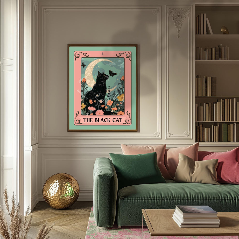 Black Cat Tarot Art Print – Witchy Cat Wall Art Botanical Cat Decor Mystical Cat Lover Gift Boho Tarot Poster Living Room Cat Decor