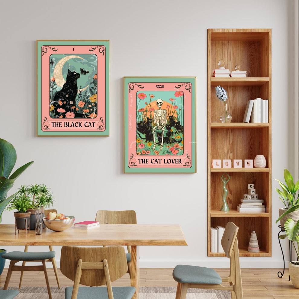 Black Cat Tarot Art Print – Witchy Cat Wall Art Botanical Cat Decor Mystical Cat Lover Gift Boho Tarot Poster Living Room Cat Decor