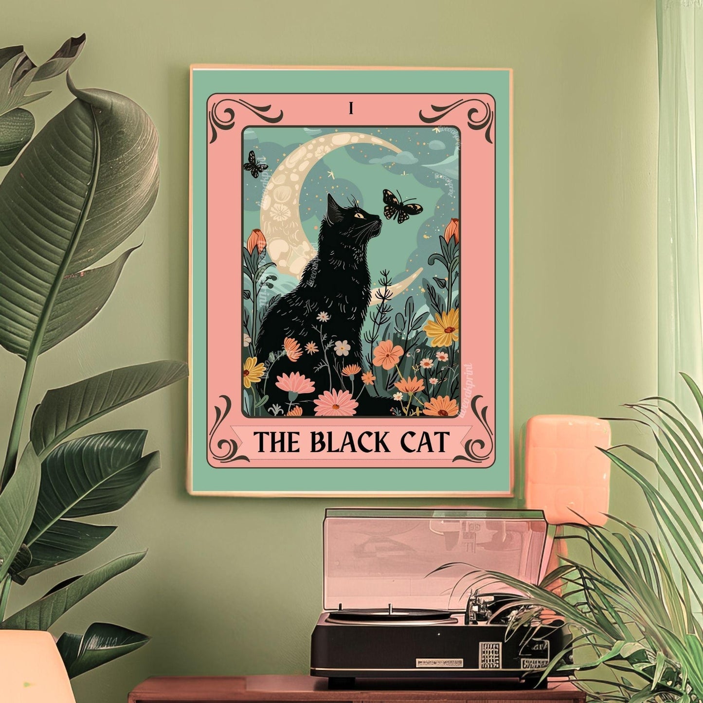 Black Cat Tarot Art Print – Witchy Cat Wall Art Botanical Cat Decor Mystical Cat Lover Gift Boho Tarot Poster Living Room Cat Decor