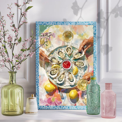 Oyster Party Art Print – Maximalist Kitchen Wall Art Elegant Seafood Print Chic Dinner Party Decor Coastal Dining Room Art Retro Food Print