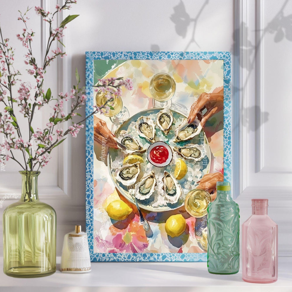 Oyster Party Art Print – Maximalist Kitchen Wall Art Elegant Seafood Print Chic Dinner Party Decor Coastal Dining Room Art Retro Food Print