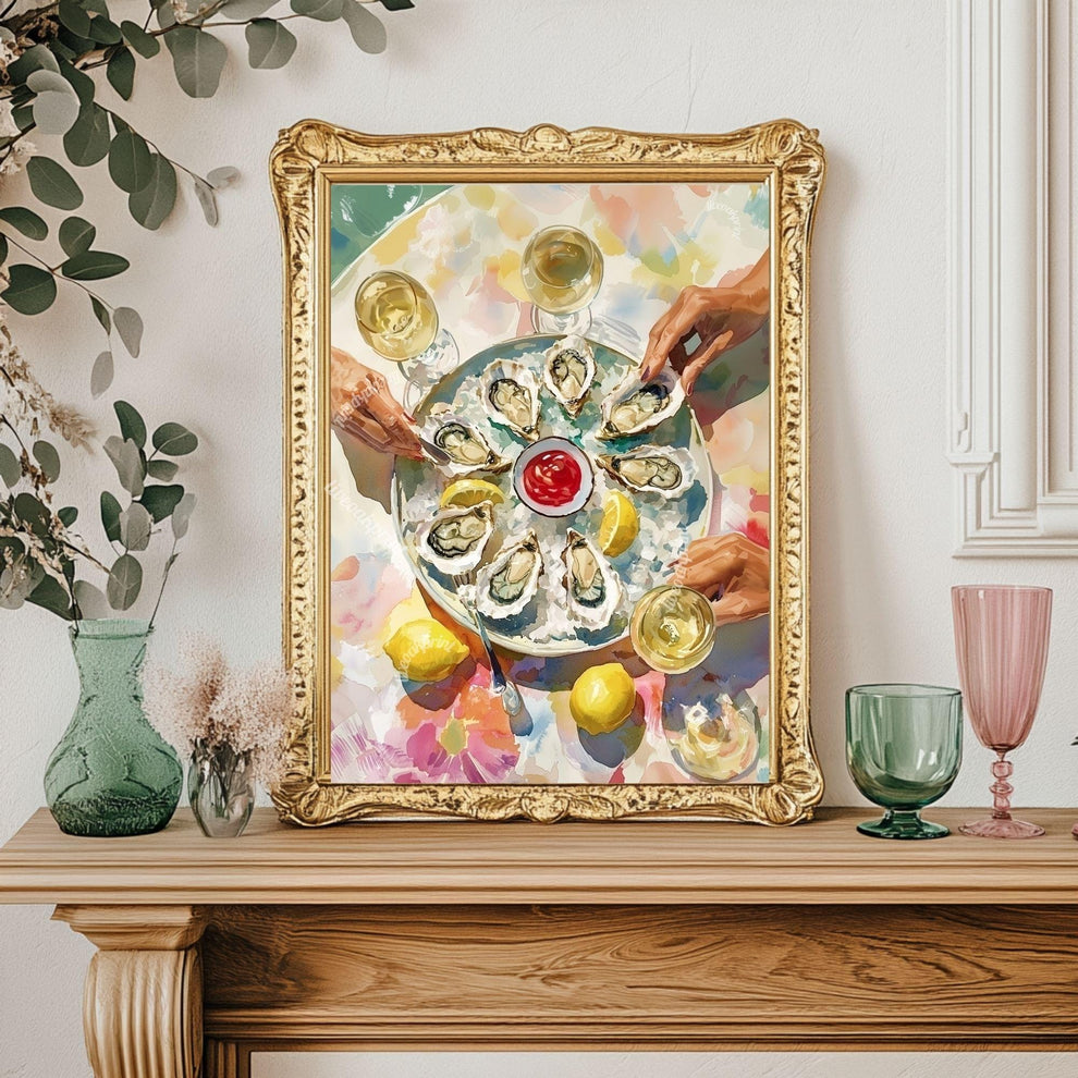 Oyster Party Art Print – Maximalist Kitchen Wall Art Elegant Seafood Print Chic Dinner Party Decor Coastal Dining Room Art Retro Food Print