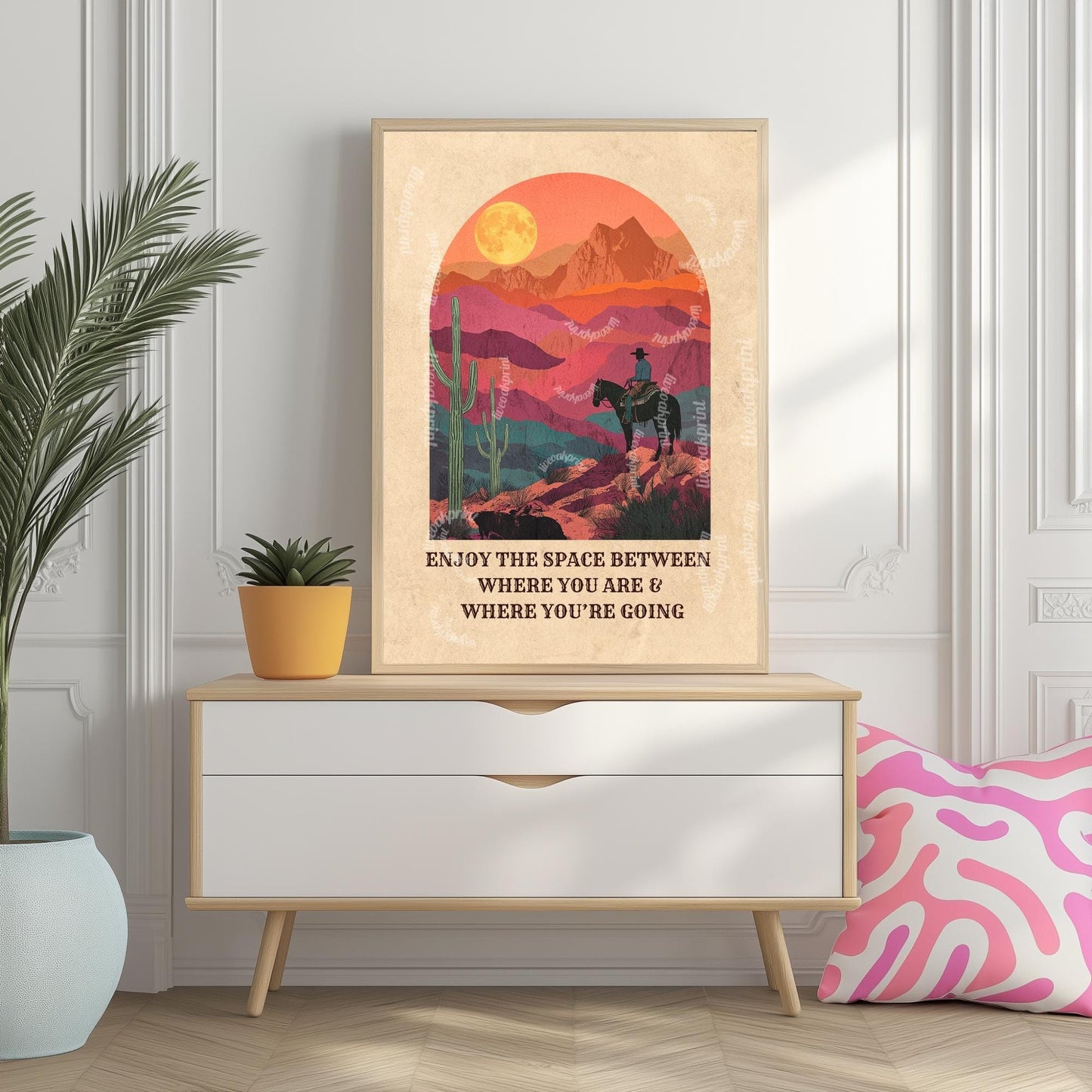 Desert Cowboy Wall Art – Western Sunset Print Retro Cowboy Quote Art Cactus Wall Decor Inspiring Western Poster for Cowgirl Room