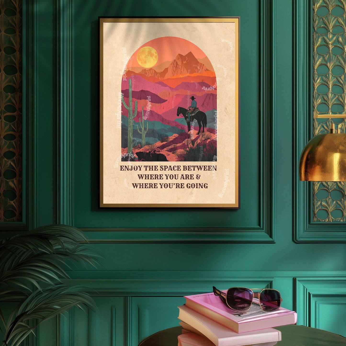 Desert Cowboy Wall Art – Western Sunset Print Retro Cowboy Quote Art Cactus Wall Decor Inspiring Western Poster for Cowgirl Room