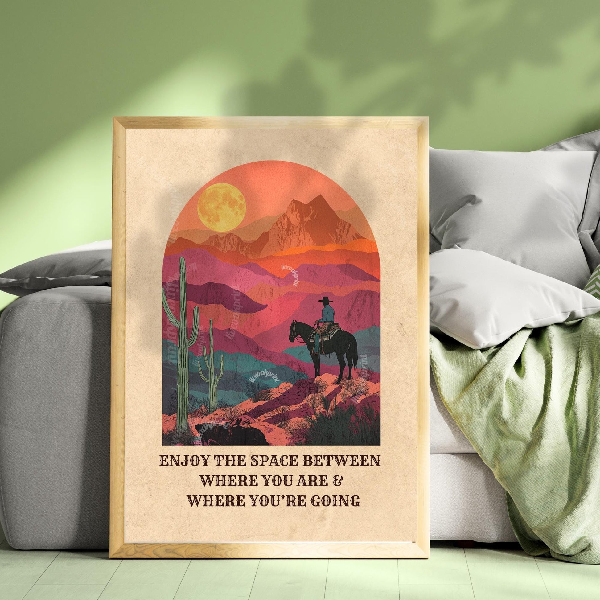 Desert Cowboy Wall Art – Western Sunset Print Retro Cowboy Quote Art Cactus Wall Decor Inspiring Western Poster for Cowgirl Room