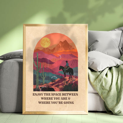 Desert Cowboy Wall Art – Western Sunset Print Retro Cowboy Quote Art Cactus Wall Decor Inspiring Western Poster for Cowgirl Room