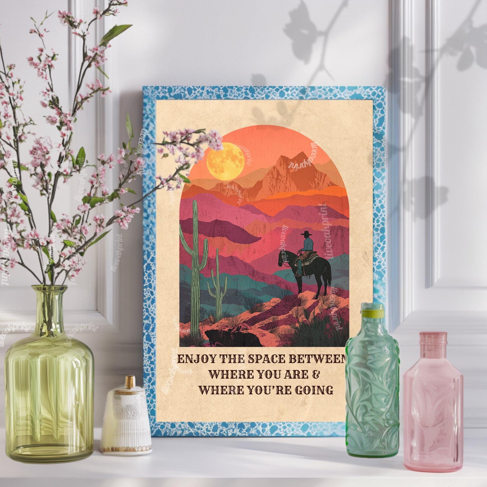 Desert Cowboy Wall Art – Western Sunset Print Retro Cowboy Quote Art Cactus Wall Decor Inspiring Western Poster for Cowgirl Room