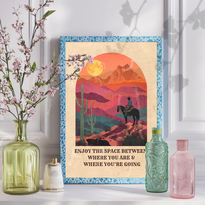 Desert Cowboy Wall Art – Western Sunset Print Retro Cowboy Quote Art Cactus Wall Decor Inspiring Western Poster for Cowgirl Room
