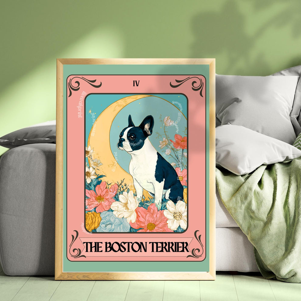 Boston Terrier Wall Art – Boston Tarot Art Print – Boston Terrier Owner Gift Boho Tarot Poster Dog Living Room Boston Terrier Art Print