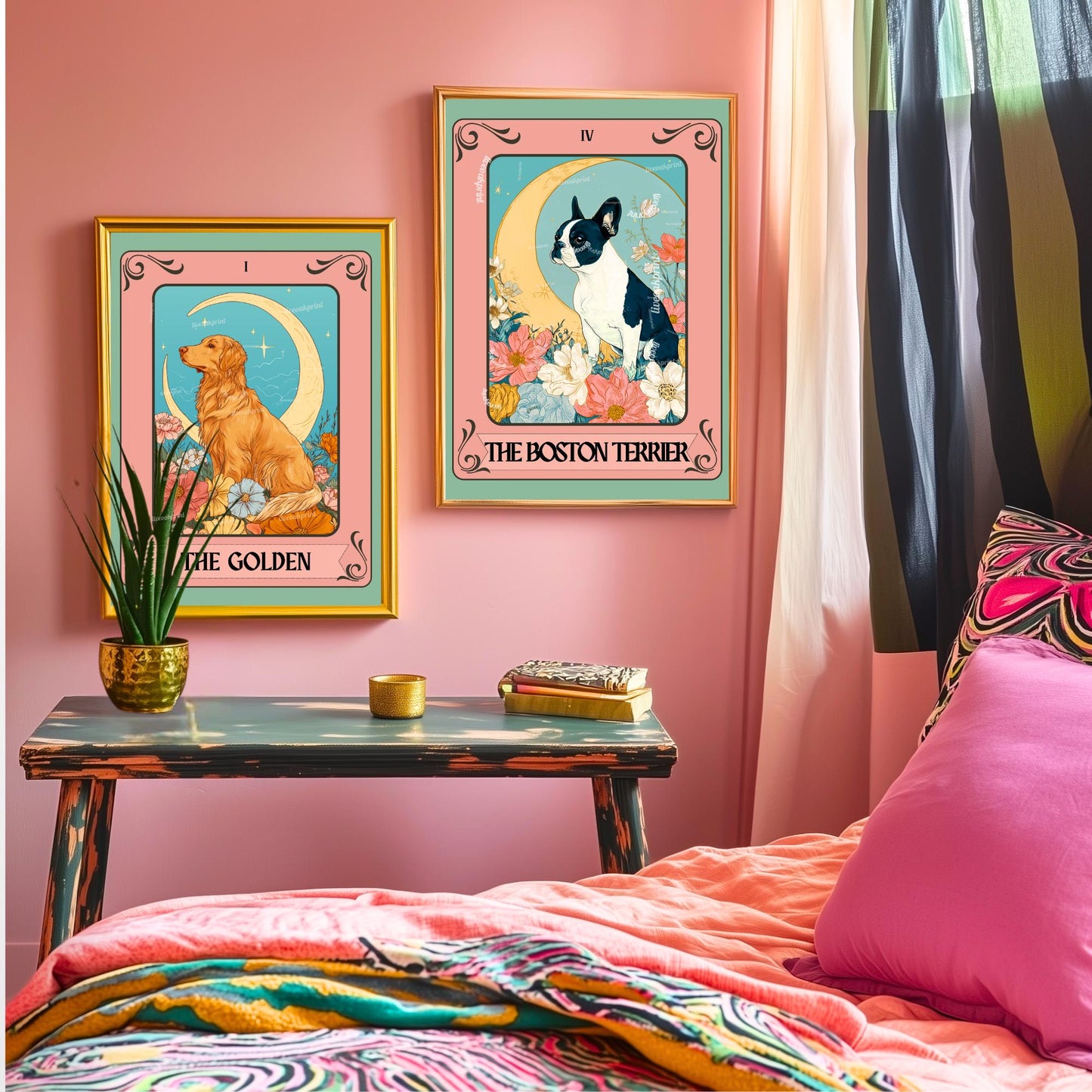 Boston Terrier Wall Art – Boston Tarot Art Print – Boston Terrier Owner Gift Boho Tarot Poster Dog Living Room Boston Terrier Art Print