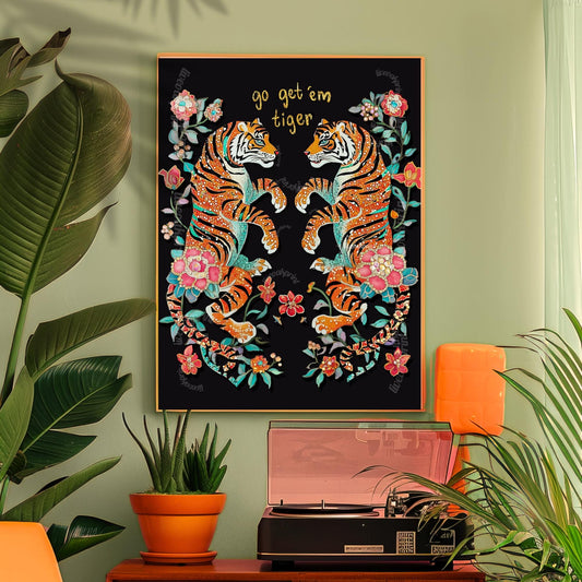 Tiger Art Print - Go Get Em Tiger - Dopamine Decor Living Room Black Wall Print Y2k Wall Art Vintage Tiger Print Maximalist Canvas Wall Art