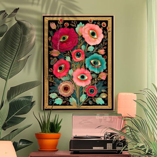 Surreal Flower Eye Art Print – Trippy Flower Wall Art Maximalist Decor Witchy Surrealism Botanical Poster Boho Funky Psychedelic Wall Art