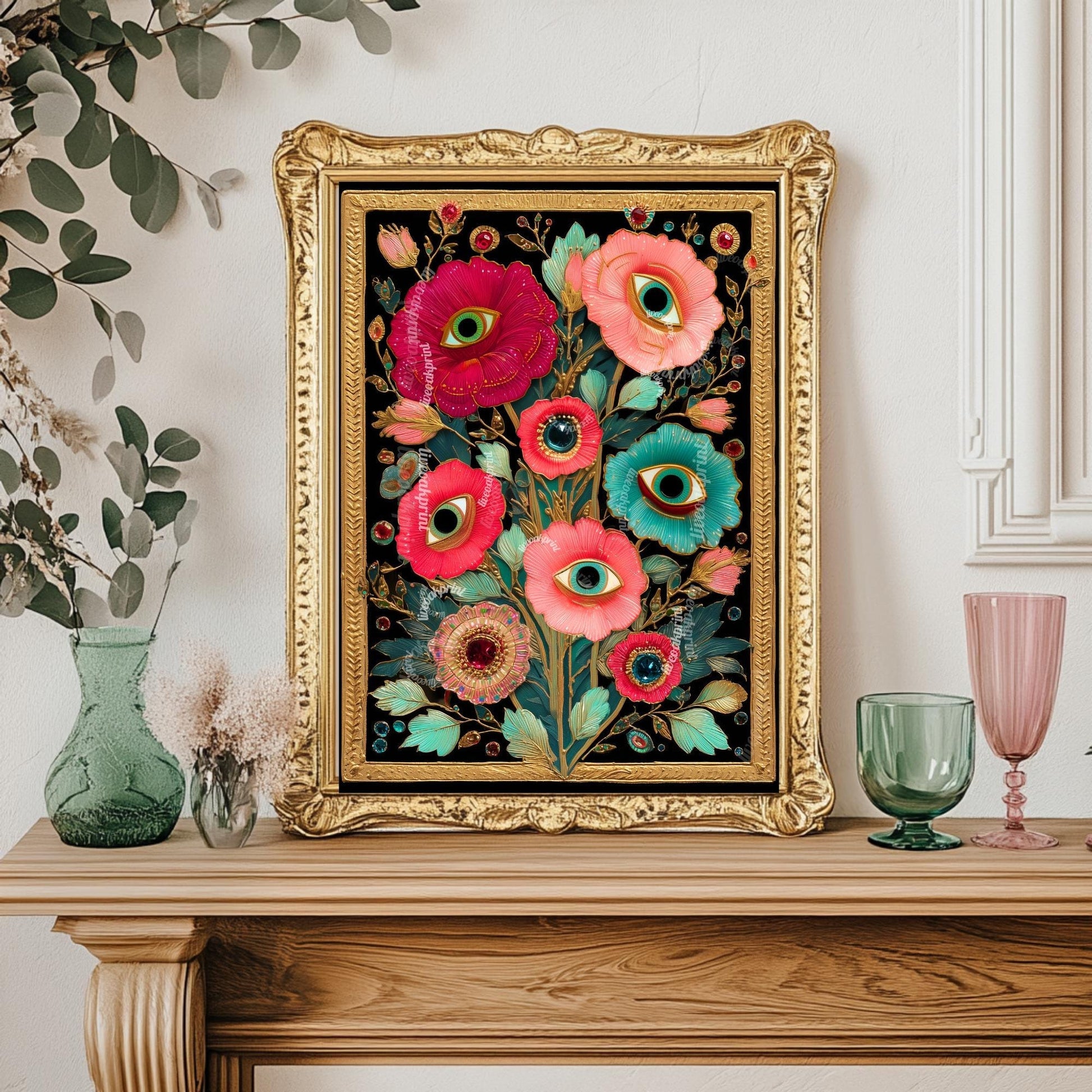 Surreal Flower Eye Art Print – Trippy Flower Wall Art Maximalist Decor Witchy Surrealism Botanical Poster Boho Funky Psychedelic Wall Art