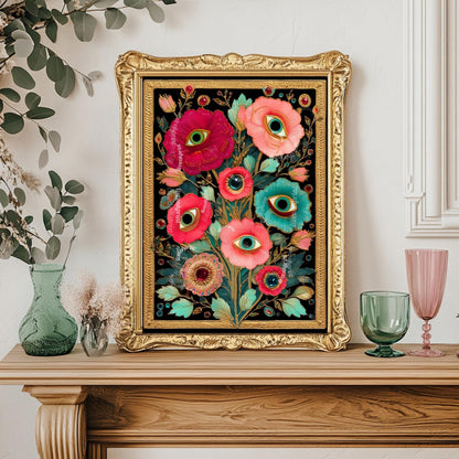 Surreal Flower Eye Art Print – Trippy Flower Wall Art Maximalist Decor Witchy Surrealism Botanical Poster Boho Funky Psychedelic Wall Art