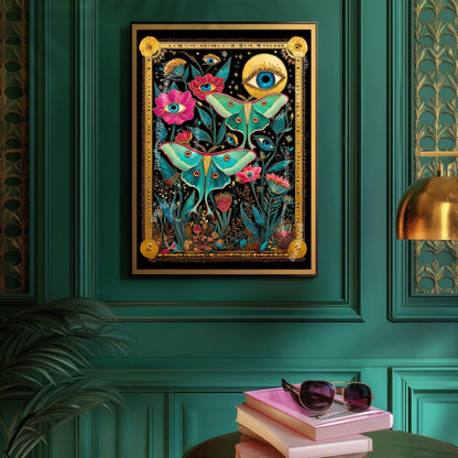 Luna Moth Eye Art Print – Dark Academia Wall Art Surreal Maximalist Wall Art Witchy Garden Decor Lunar Moth Art Celestial Gothic Print