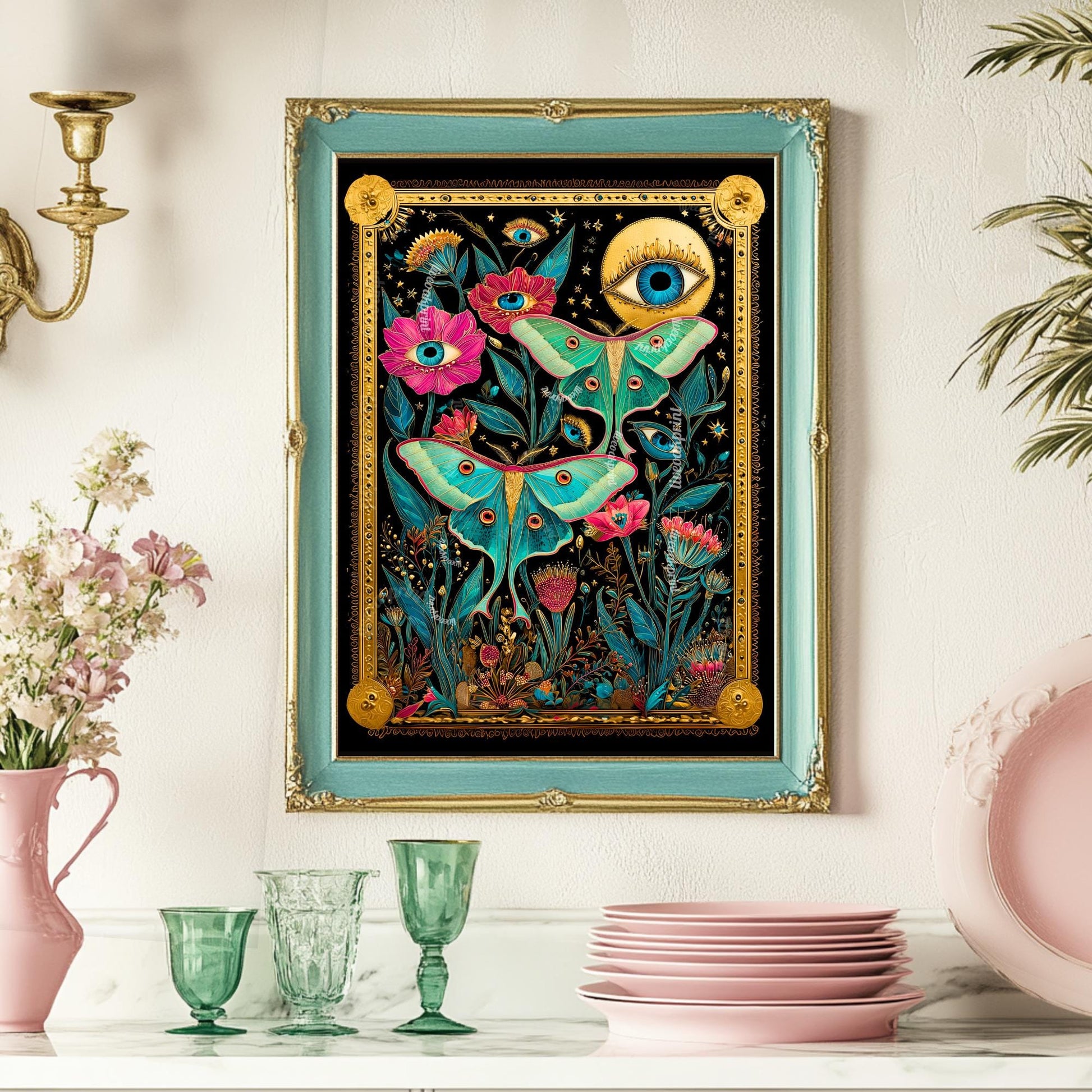 Luna Moth Eye Art Print – Dark Academia Wall Art Surreal Maximalist Wall Art Witchy Garden Decor Lunar Moth Art Celestial Gothic Print