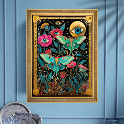 Luna Moth Eye Art Print – Dark Academia Wall Art Surreal Maximalist Wall Art Witchy Garden Decor Lunar Moth Art Celestial Gothic Print
