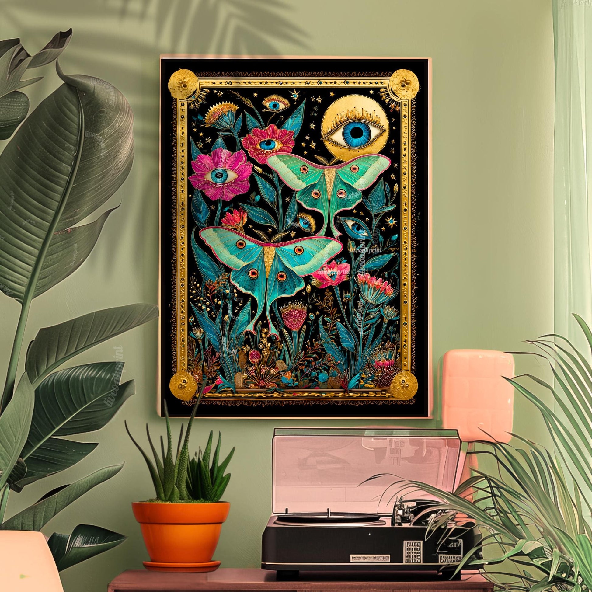 Luna Moth Eye Art Print – Dark Academia Wall Art Surreal Maximalist Wall Art Witchy Garden Decor Lunar Moth Art Celestial Gothic Print