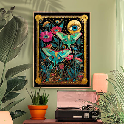 Luna Moth Eye Art Print – Dark Academia Wall Art Surreal Maximalist Wall Art Witchy Garden Decor Lunar Moth Art Celestial Gothic Print