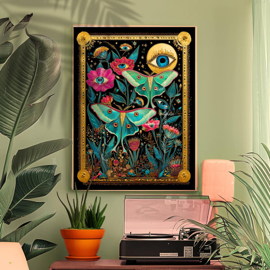 Luna Moth Eye Art Print – Dark Academia Wall Art Surreal Maximalist Wall Art Witchy Garden Decor Lunar Moth Art Celestial Gothic Print