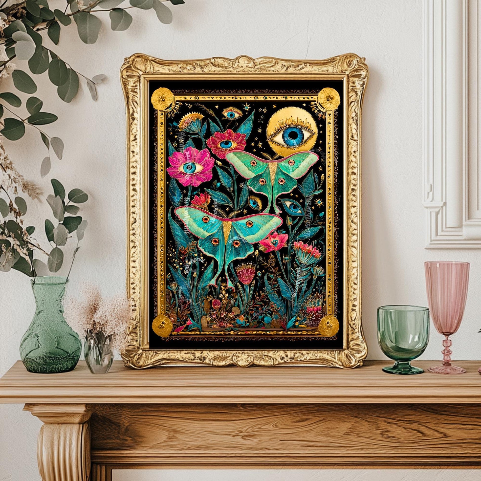 Luna Moth Eye Art Print – Dark Academia Wall Art Surreal Maximalist Wall Art Witchy Garden Decor Lunar Moth Art Celestial Gothic Print