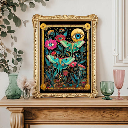 Luna Moth Eye Art Print – Dark Academia Wall Art Surreal Maximalist Wall Art Witchy Garden Decor Lunar Moth Art Celestial Gothic Print