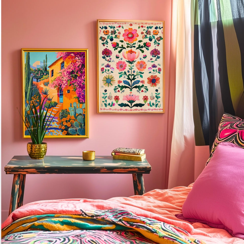 Vintage Mexican Poster – Traditional Latin Decor Mexican Prints Botanical Wall Art Tropical Art Print Mexican Wall Art Pink Boho Home Decor
