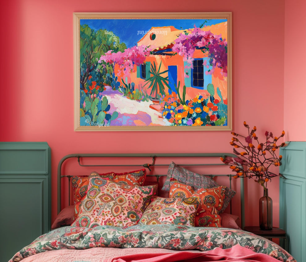 Mexican Garden Art Print – Pastel Wall Art Vibrant Wall Art Southwestern Floral Wall Decor Maximalist Mexico Painting Mexican Flower Print
