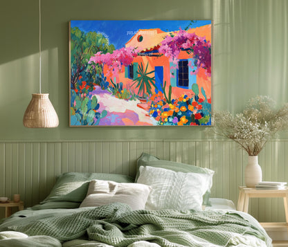 Mexican Garden Art Print – Pastel Wall Art Vibrant Wall Art Southwestern Floral Wall Decor Maximalist Mexico Painting Mexican Flower Print
