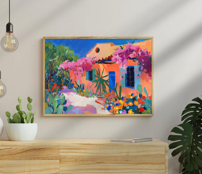 Mexican Garden Art Print – Pastel Wall Art Vibrant Wall Art Southwestern Floral Wall Decor Maximalist Mexico Painting Mexican Flower Print