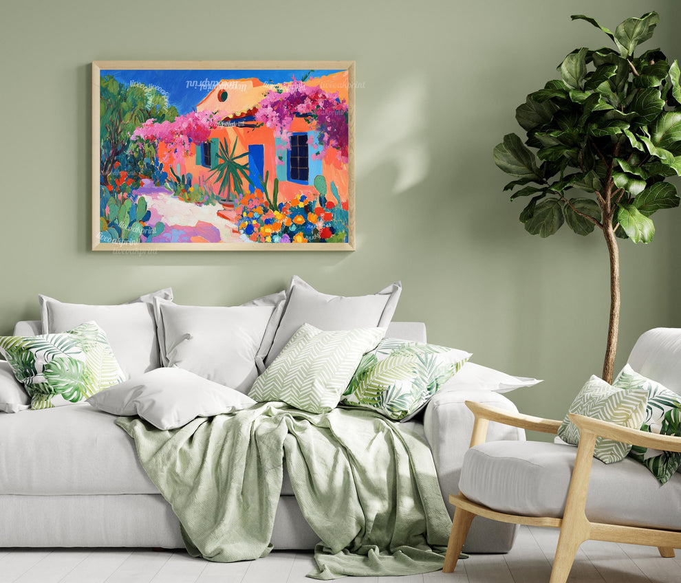 Mexican Garden Art Print – Pastel Wall Art Vibrant Wall Art Southwestern Floral Wall Decor Maximalist Mexico Painting Mexican Flower Print