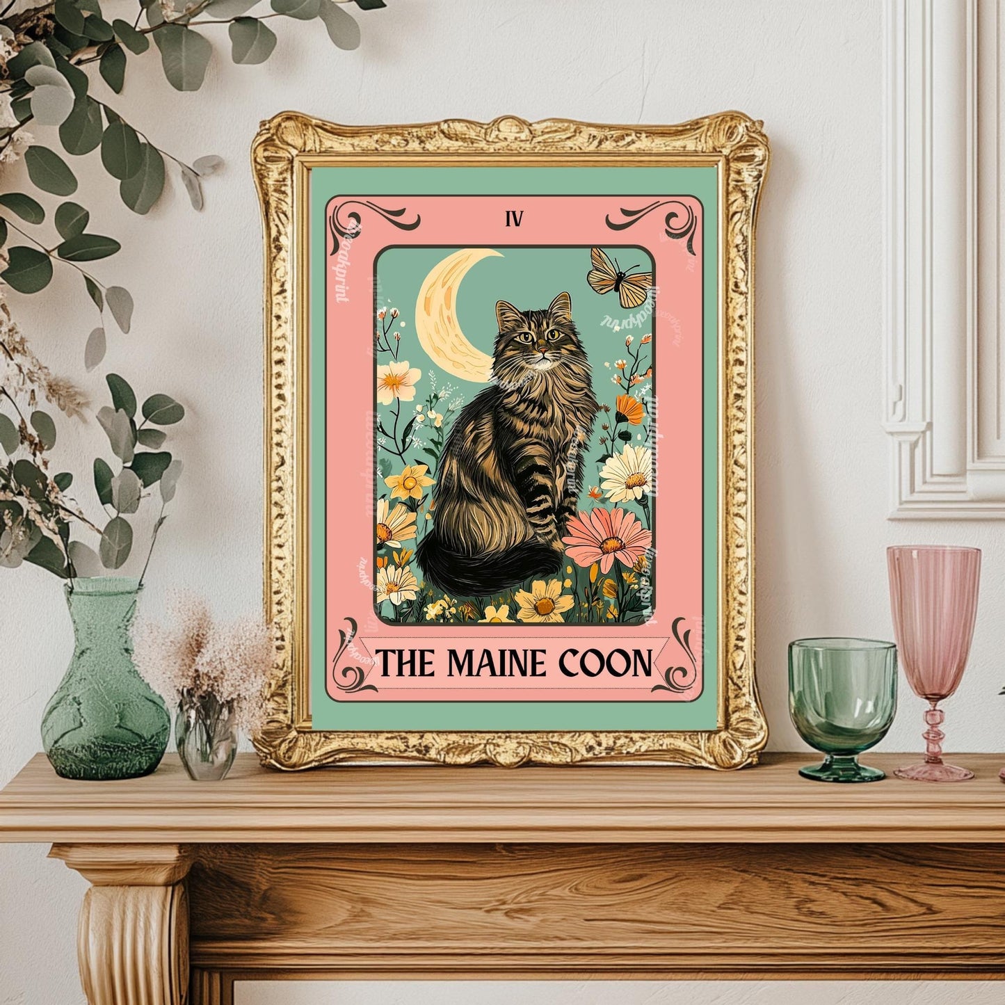 Maine Coon Cat Art Print – Funky Cat Wall Decor Fluffy Cat Poster Coon Cat Gift Boho Maine Coon Wall Art For Girls Room For Living Room