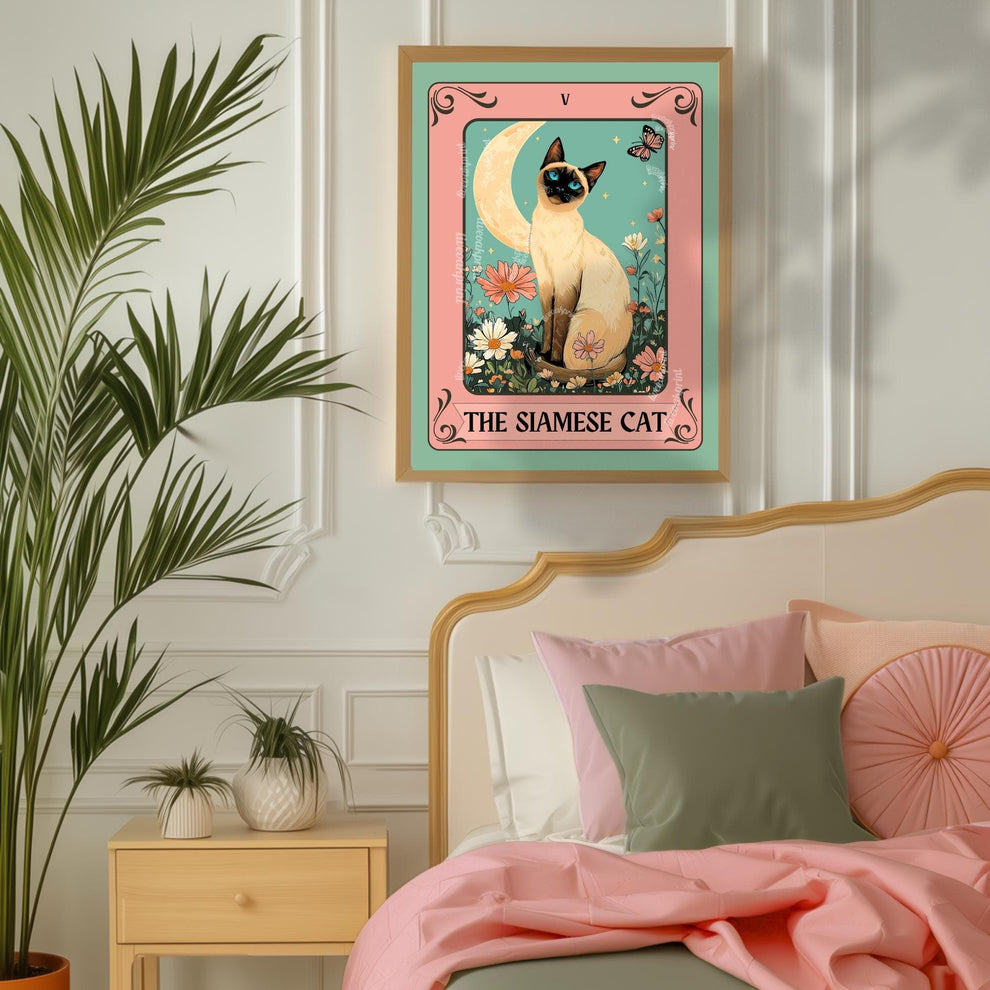 Siamese Cat Tarot Art Print – Whimsical Cat Wall Decor Cat Decor For Bedroom Witchy Cat Poster Cat Lover Gift Funky Cat Wall Art Living Room