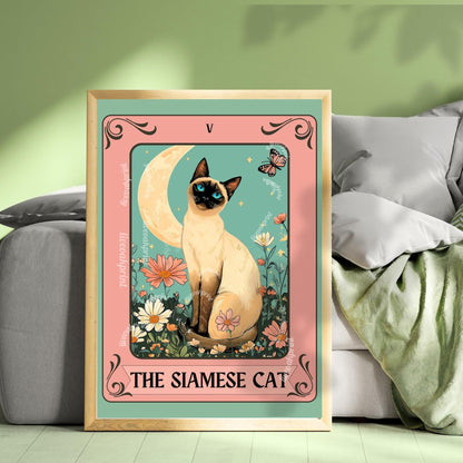 Siamese Cat Tarot Art Print – Whimsical Cat Wall Decor Cat Decor For Bedroom Witchy Cat Poster Cat Lover Gift Funky Cat Wall Art Living Room