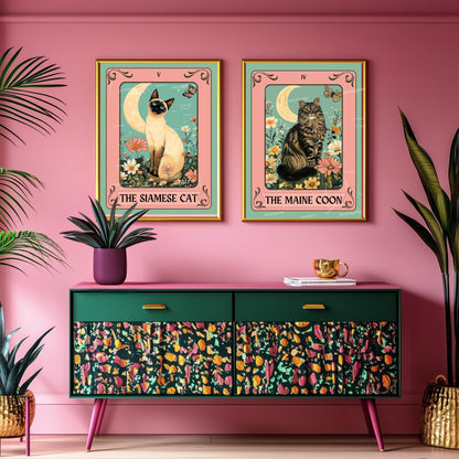 Siamese Cat Tarot Art Print – Whimsical Cat Wall Decor Cat Decor For Bedroom Witchy Cat Poster Cat Lover Gift Funky Cat Wall Art Living Room