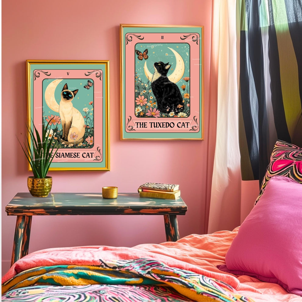 Siamese Cat Tarot Art Print – Whimsical Cat Wall Decor Cat Decor For Bedroom Witchy Cat Poster Cat Lover Gift Funky Cat Wall Art Living Room
