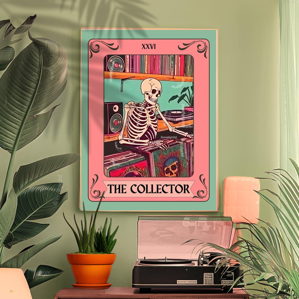The Collector Tarot Print – Skeleton Record Collector Wall Art, Vinyl Tarot Card Decor Vinyl Wall Print Music Nook Decor Boho Wall Art