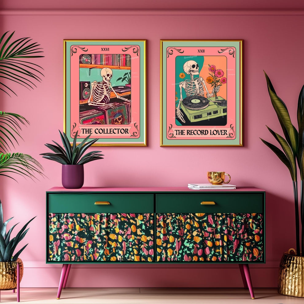 The Collector Tarot Print – Skeleton Record Collector Wall Art, Vinyl Tarot Card Decor Vinyl Wall Print Music Nook Decor Boho Wall Art