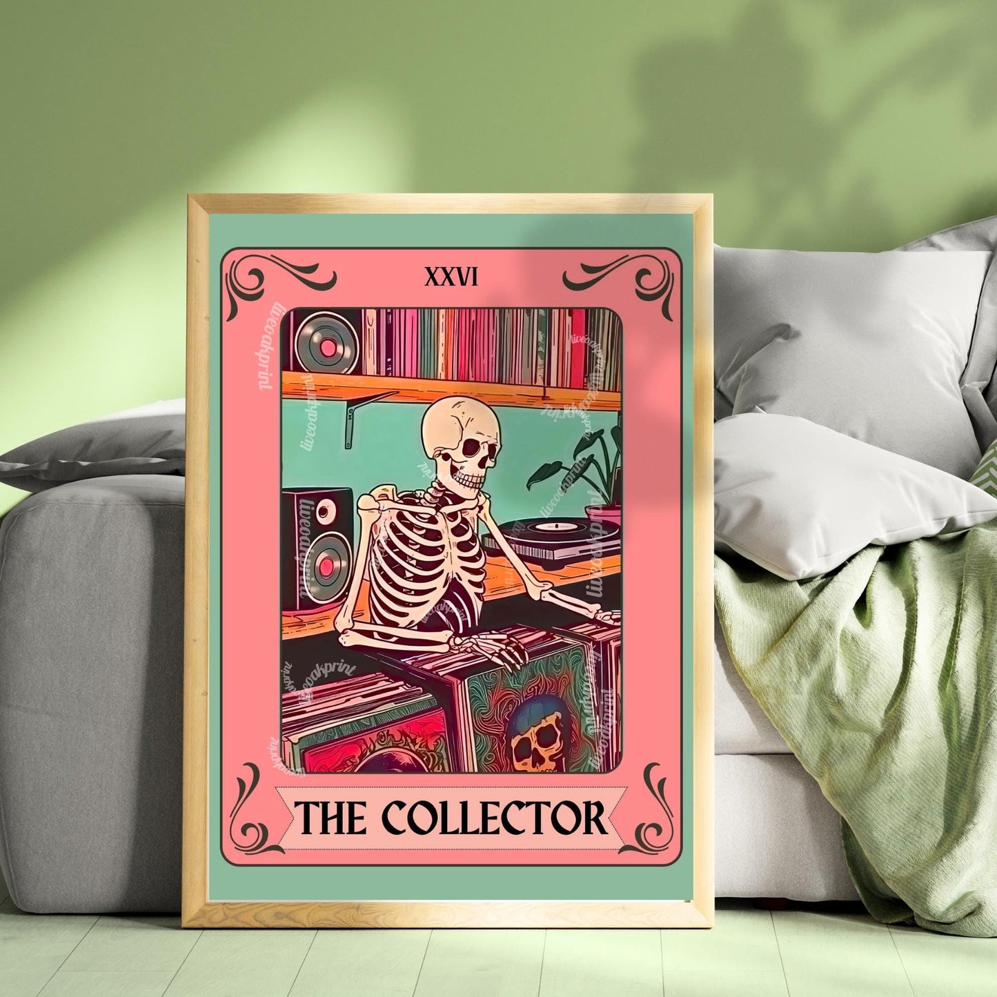 The Collector Tarot Print – Skeleton Record Collector Wall Art, Vinyl Tarot Card Decor Vinyl Wall Print Music Nook Decor Boho Wall Art