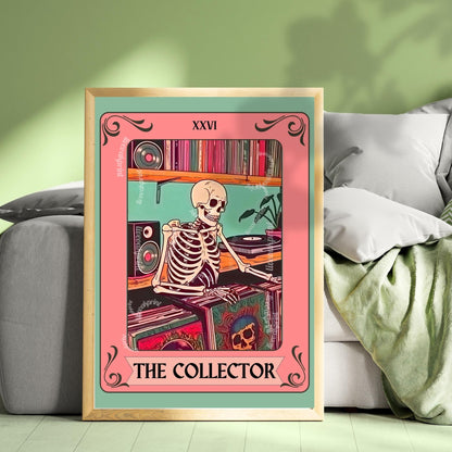 The Collector Tarot Print – Skeleton Record Collector Wall Art, Vinyl Tarot Card Decor Vinyl Wall Print Music Nook Decor Boho Wall Art