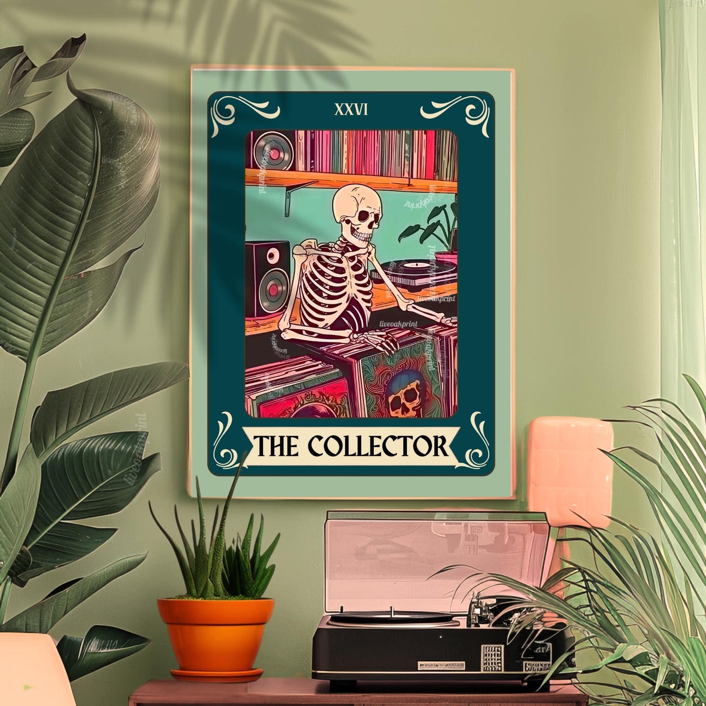 The Collector Tarot Print (Teal Addition)– Skeleton Record Collector Wall Art, Vinyl Tarot Card Decor Vinyl Wall Print Music Nook Decor