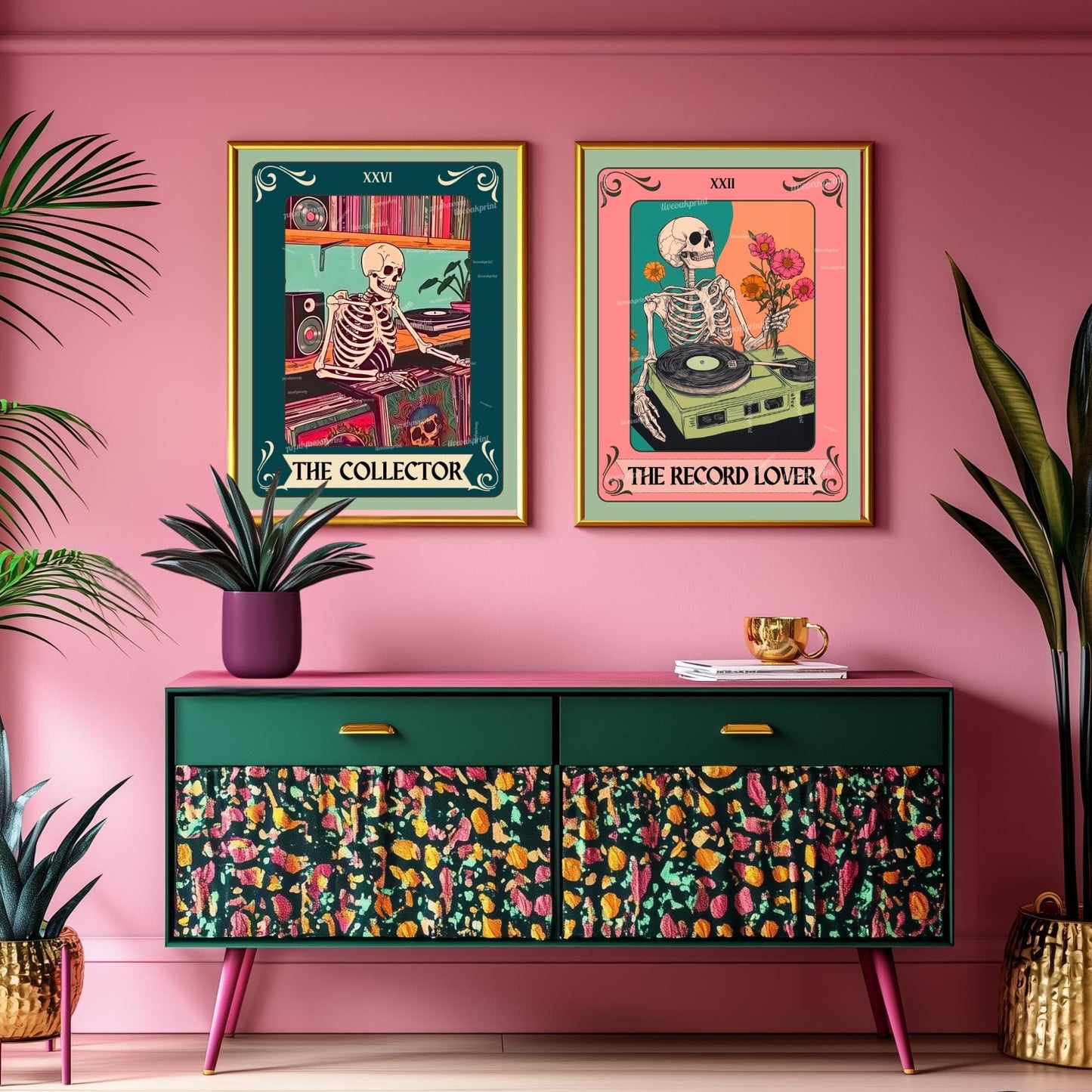 The Collector Tarot Print (Teal Addition)– Skeleton Record Collector Wall Art, Vinyl Tarot Card Decor Vinyl Wall Print Music Nook Decor