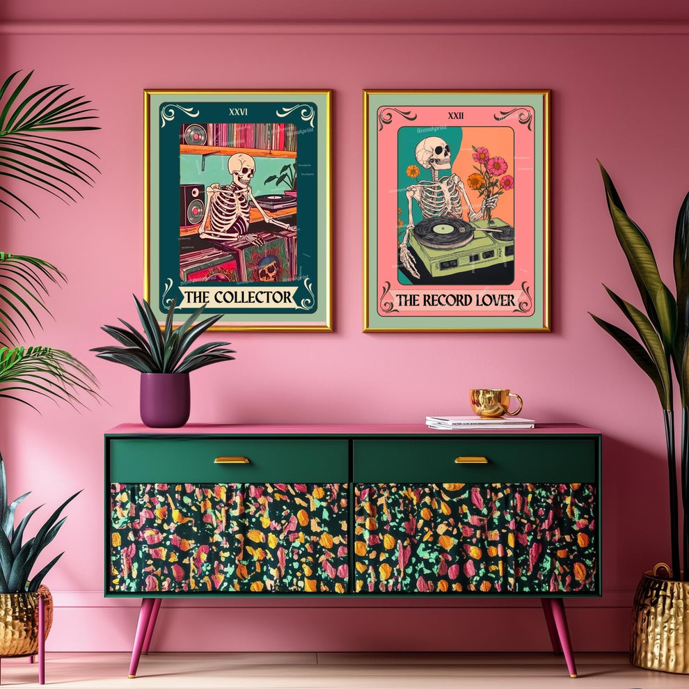 The Collector Tarot Print (Teal Addition)– Skeleton Record Collector Wall Art, Vinyl Tarot Card Decor Vinyl Wall Print Music Nook Decor