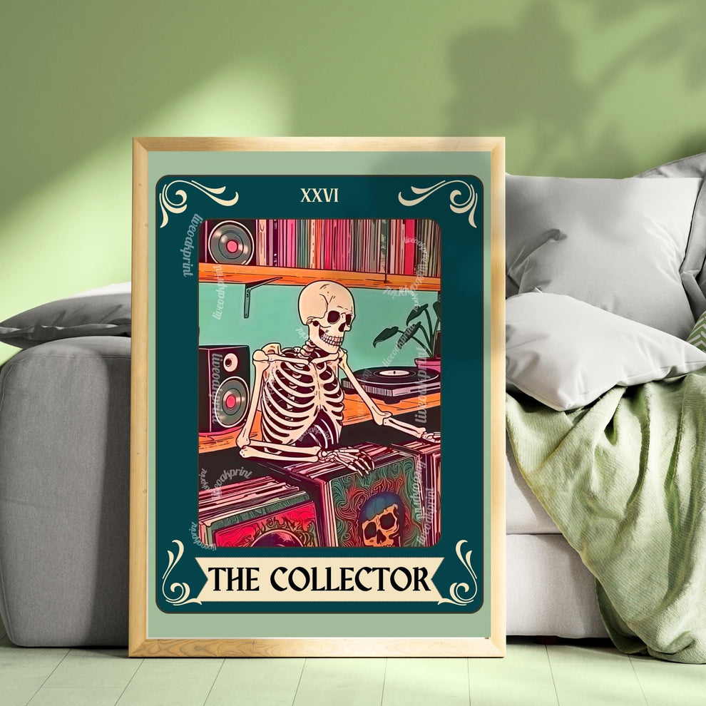 The Collector Tarot Print (Teal Addition)– Skeleton Record Collector Wall Art, Vinyl Tarot Card Decor Vinyl Wall Print Music Nook Decor