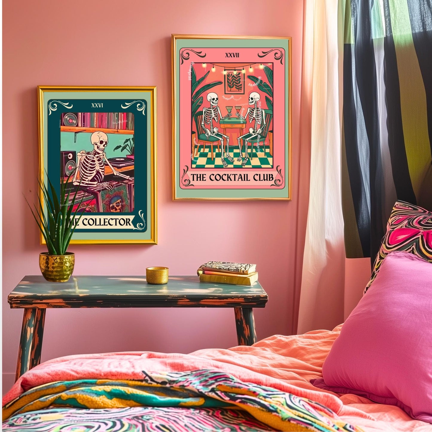 The Collector Tarot Print (Teal Addition)– Skeleton Record Collector Wall Art, Vinyl Tarot Card Decor Vinyl Wall Print Music Nook Decor