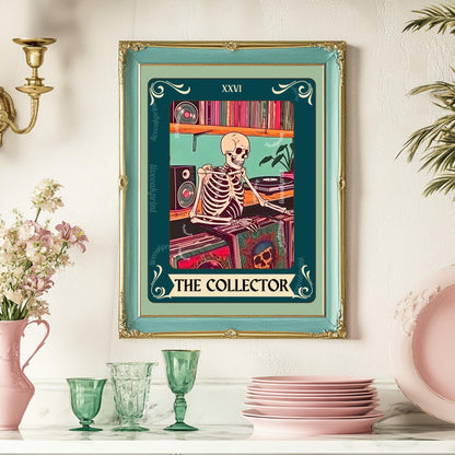 The Collector Tarot Print (Teal Addition)– Skeleton Record Collector Wall Art, Vinyl Tarot Card Decor Vinyl Wall Print Music Nook Decor