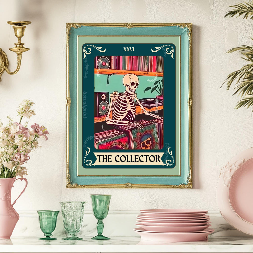 The Collector Tarot Print (Teal Addition)– Skeleton Record Collector Wall Art, Vinyl Tarot Card Decor Vinyl Wall Print Music Nook Decor