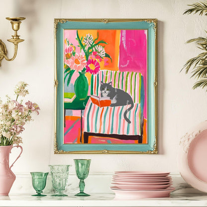 Gray and White Cat Reading Print – Bookish Wall Art – Cozy Reading Nook Decor – Gray Cat Art Gift for Book Lovers Dopamine Decor