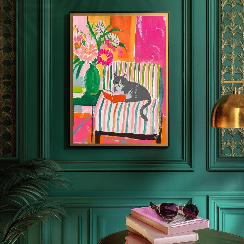 Gray and White Cat Reading Print – Bookish Wall Art – Cozy Reading Nook Decor – Gray Cat Art Gift for Book Lovers Dopamine Decor