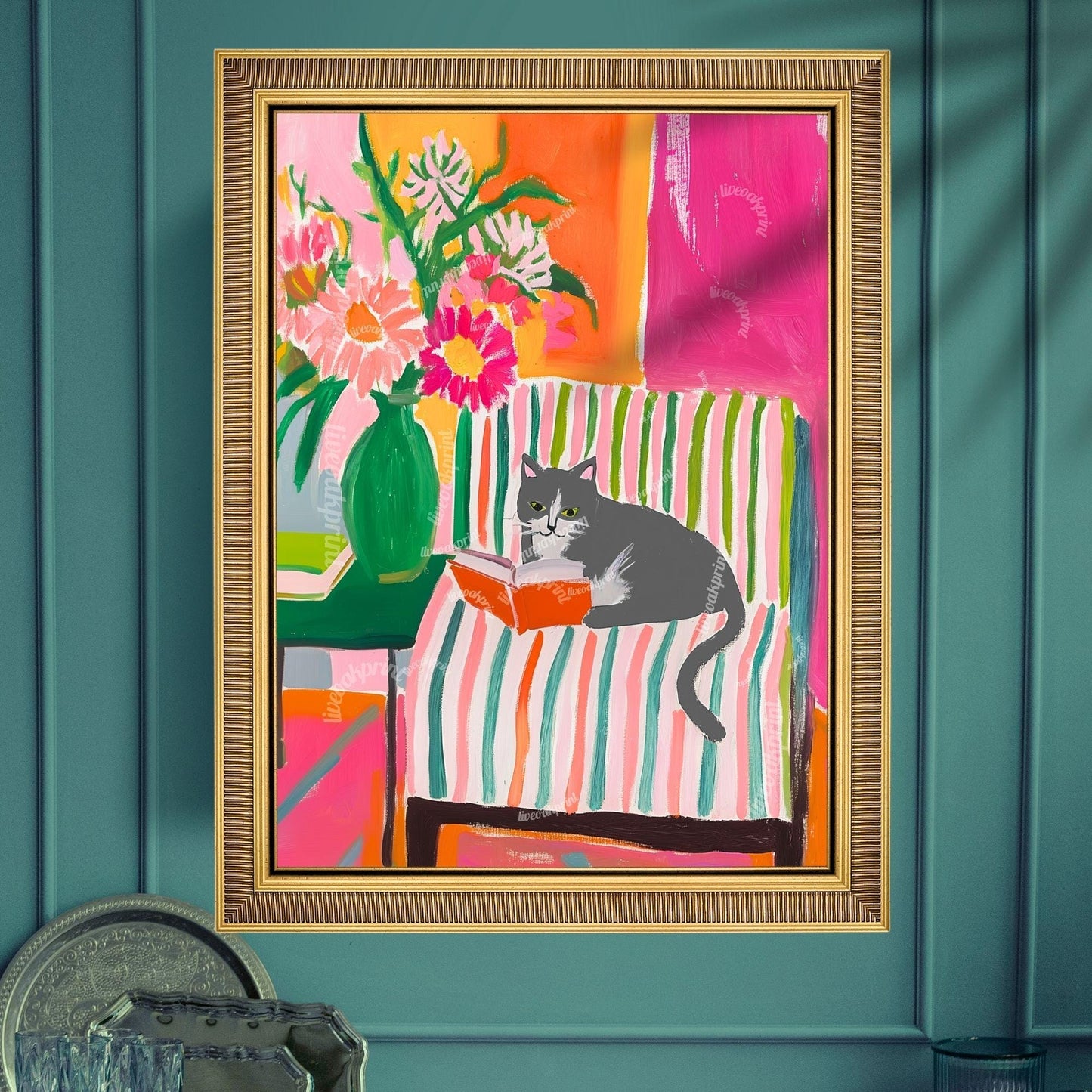 Gray and White Cat Reading Print – Bookish Wall Art – Cozy Reading Nook Decor – Gray Cat Art Gift for Book Lovers Dopamine Decor